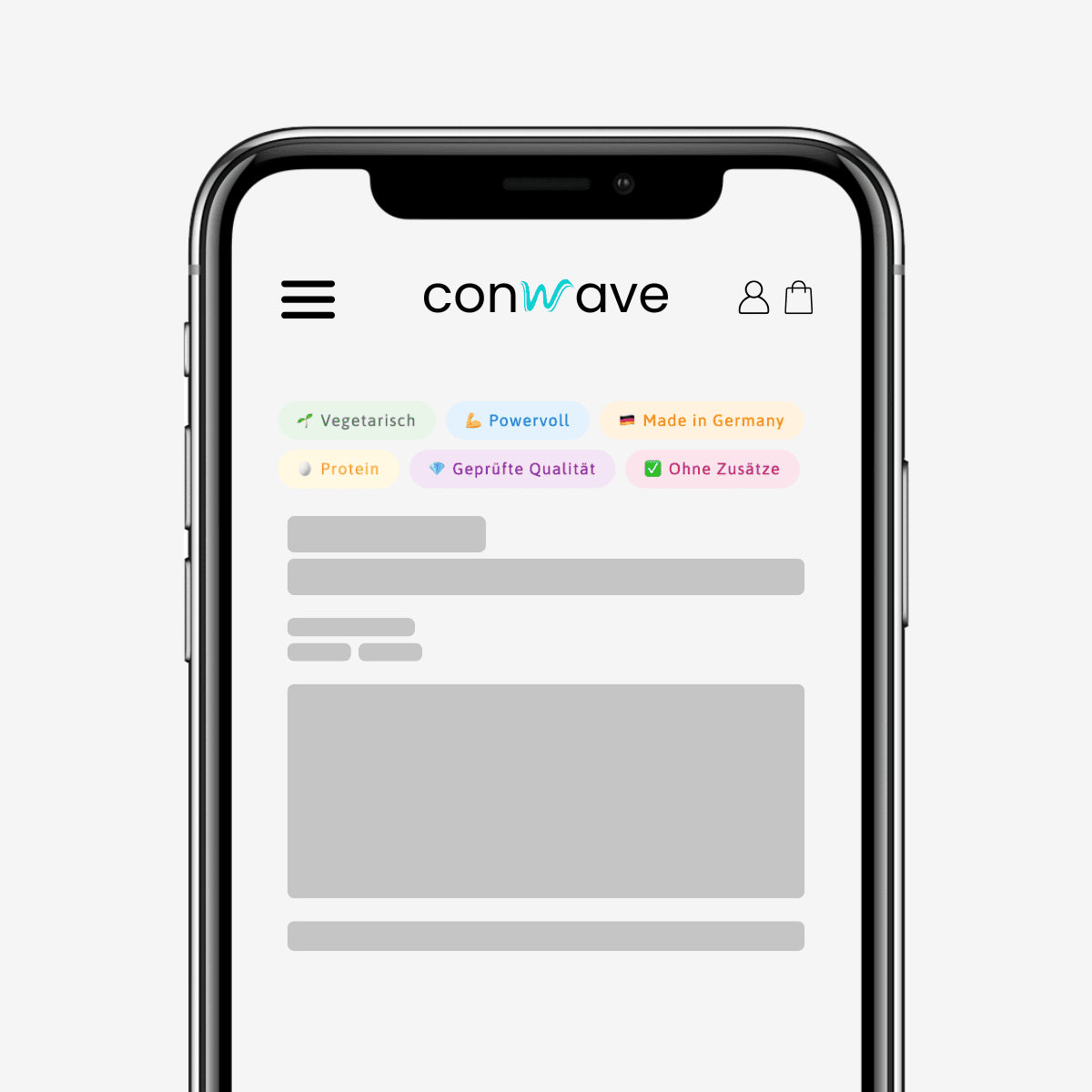 Shopify Produktseite mit Badge Pills für Vorteile wie „Vegetarisch“, „Powervoll“ und „Made in Germany“ direkt unter dem Header – perfekt sichtbar für maximale Aufmerksamkeit.