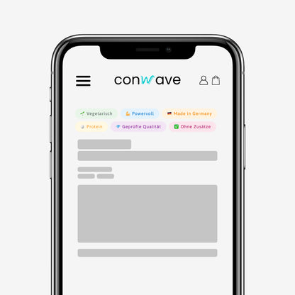 Shopify Produktseite mit Badge Pills für Vorteile wie „Vegetarisch“, „Powervoll“ und „Made in Germany“ direkt unter dem Header – perfekt sichtbar für maximale Aufmerksamkeit.