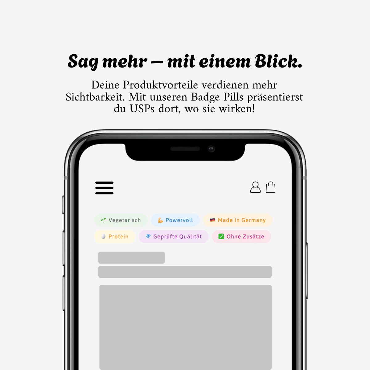 Smartphone-Mockup mit erklärendem Text zur Wirkung von Badge Pills auf Shopify – zeigt Sichtbarkeit und strategischen Einsatz von Produktvorteilen im Headerbereich.