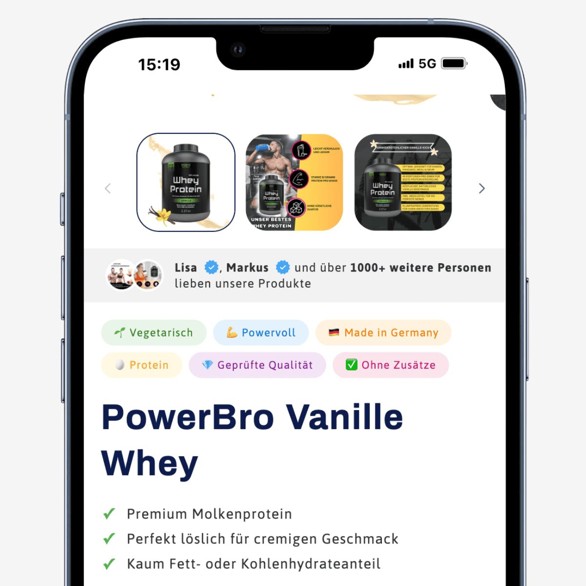 Produktseite von PowerBro Whey mit Social Proof Elementen und Badge Pills direkt über dem Titel – visuelle Vertrauenssignale wie „Geprüfte Qualität“ und „Ohne Zusätze“ heben USPs hervor.